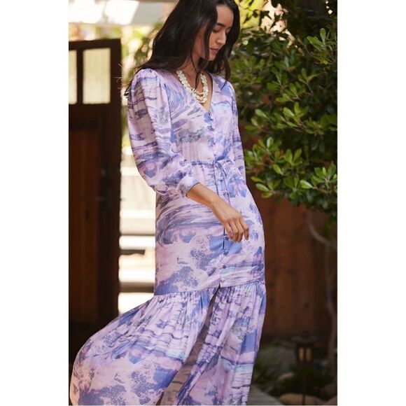 NEW Anthropologie Boamar Riviere Button-Front Flounced Belted Maxi Dress Small